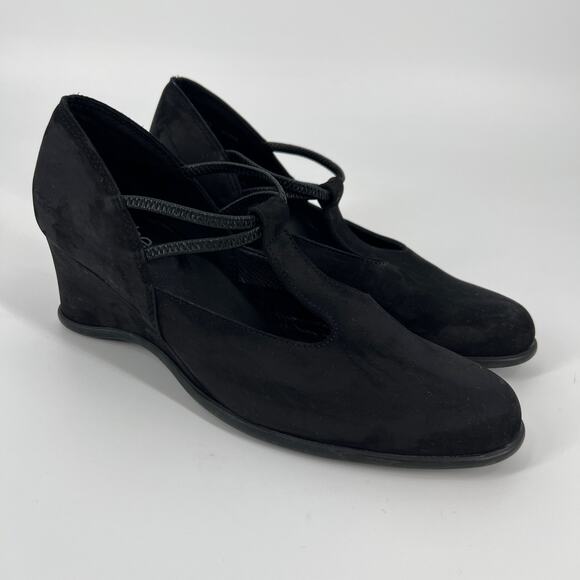 Arche Picto Wedge Sandals Heels Womens EU 38 US 7 Black Nubuck Leather T Strap - Picture 1 of 11